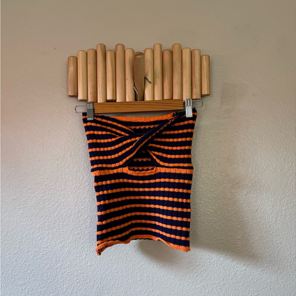 NWOT AMAZON Striped Orange and Navy Blue Knit Top